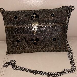 Metal Purse with Black Stones Obsidian Onyx Semi-Precious Velvet